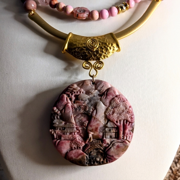 Pink Rhodochrosite Pendant In Two Strand Rhodochrosite & Jasper Bead Necklace - Picture 5 of 9